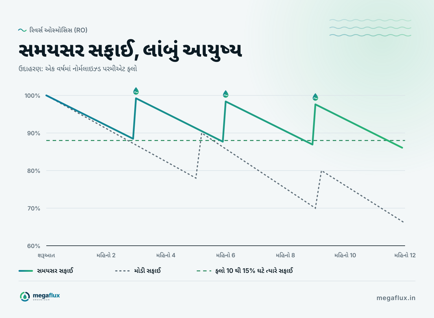એક વર્ષમાં ઉદાહરણરૂપ નોર્મલાઇઝ્ડ પરમીએટ ફ્લો. સમયસર સફાઈ, એટલે દર વખતે ફ્લો 10 થી 15% ઘટે ત્યારે, મેમ્બ્રેન પૂરેપૂરા સુધરી જાય છે. મોડી સફાઈમાં, તેઓ ક્યારેય પૂરા સુધરતા નથી અને સતત ઘટતા જાય છે.